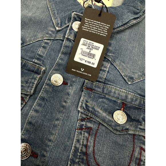 True Religion Men's Jimmy Red Stitch Trucker Denim Jacket - Picture 3 of 6